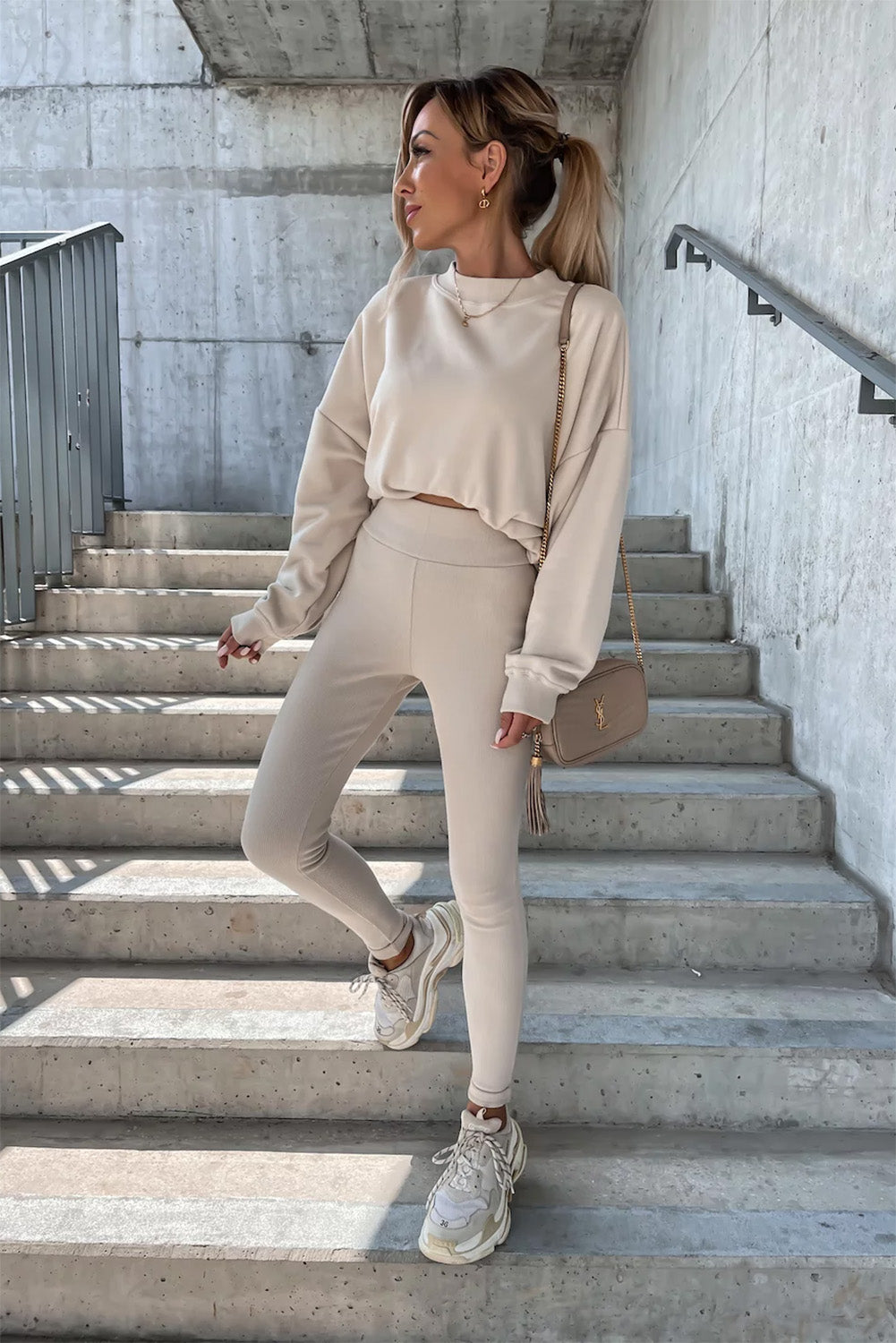 Beige Solid Sweatshirt and Leggings and Fashion Sweater Two Piece
