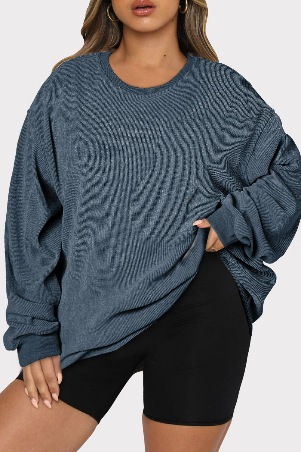 Blue Plus Size Corded Round Neck Sweatshirt Plus Size JT's Designer Fashion