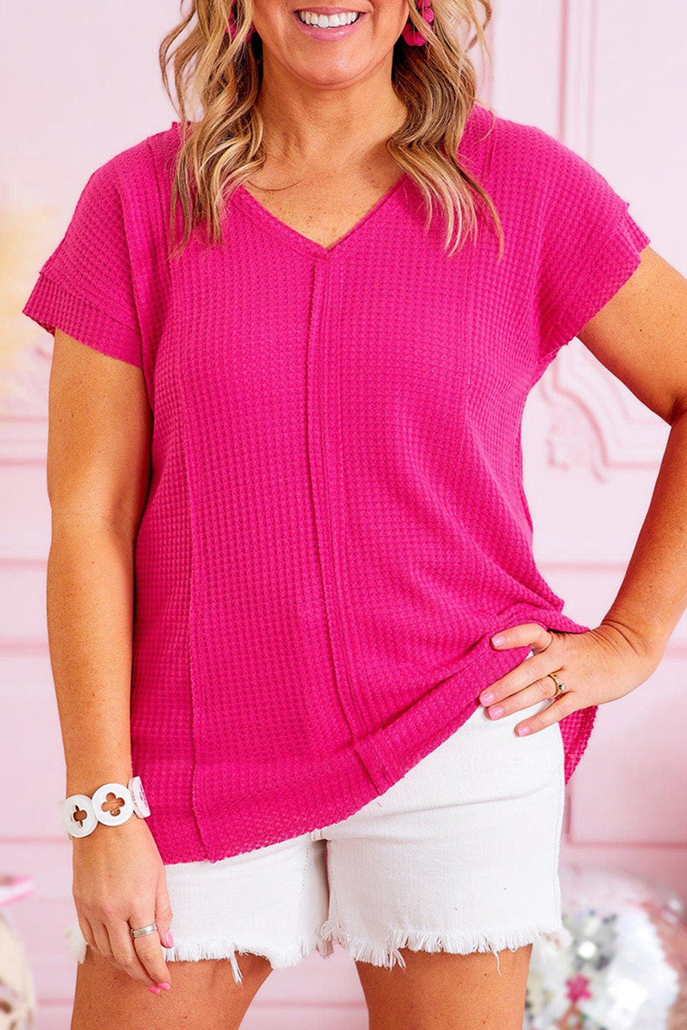 Rose Plus Size Waffle Knit Seamed V Neck T-shirt Rose 75%Polyester+25%Cotton Plus Size Tops JT's Designer Fashion