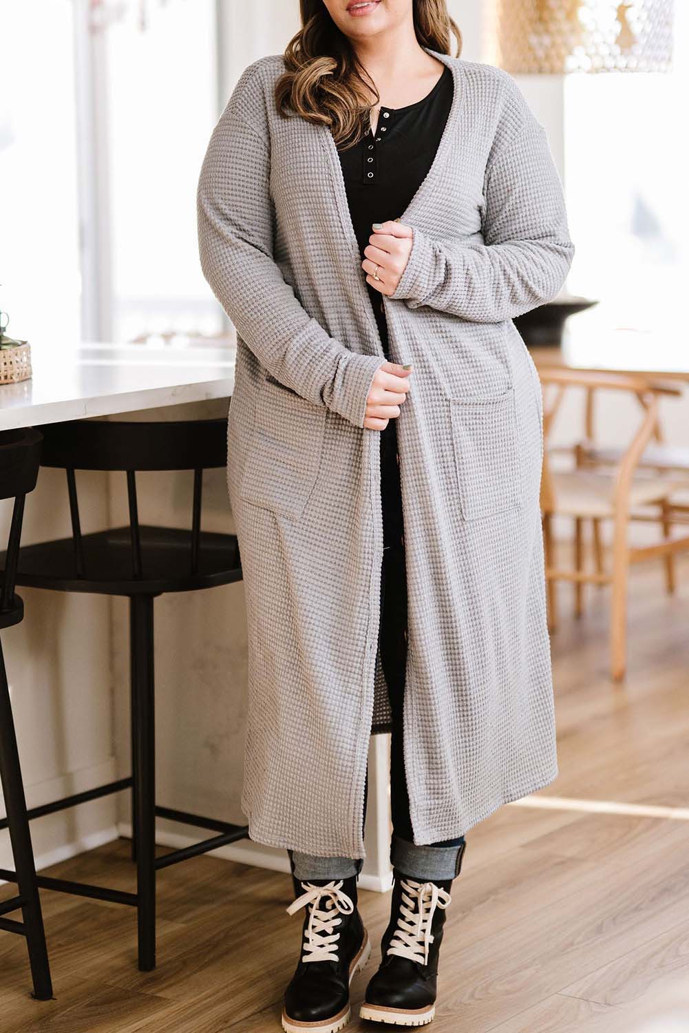 Gray Plus Size Waffle Knit Pocketed Long Cardigan Plus Size JT's Designer Fashion