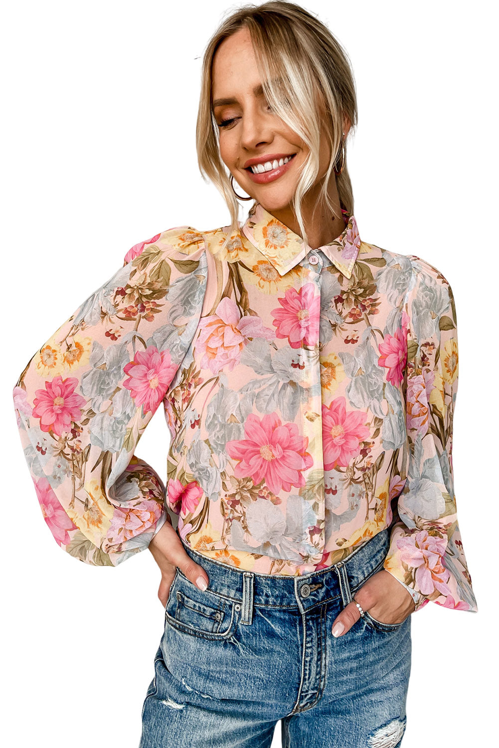 Pink All Floral Puff Sleeve Collared Shirt Tops & Tees JT's Designer Fashion