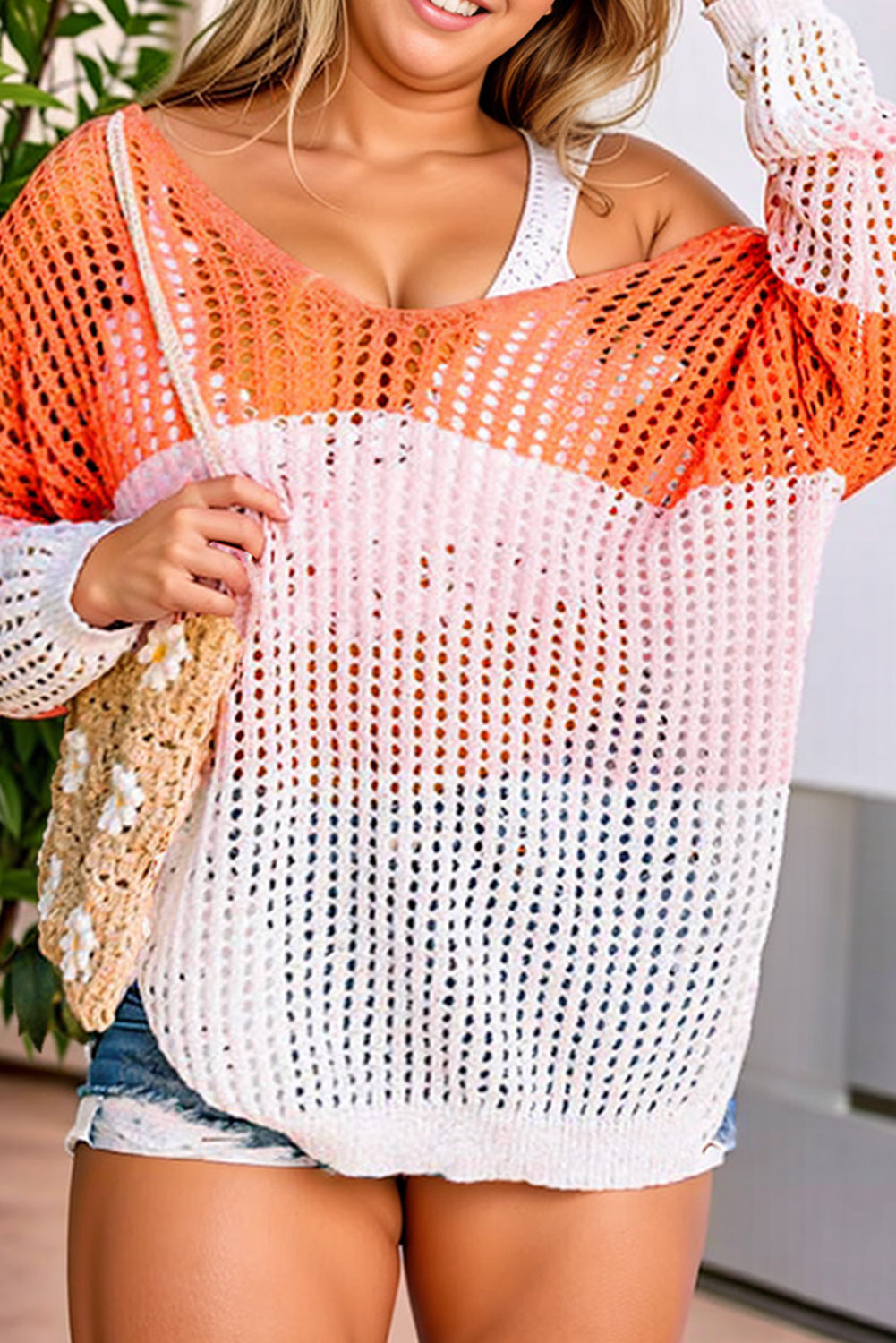 Orange Color Block Hollowed Knit Twist Back Plus Jumper Plus Size JT's Designer Fashion