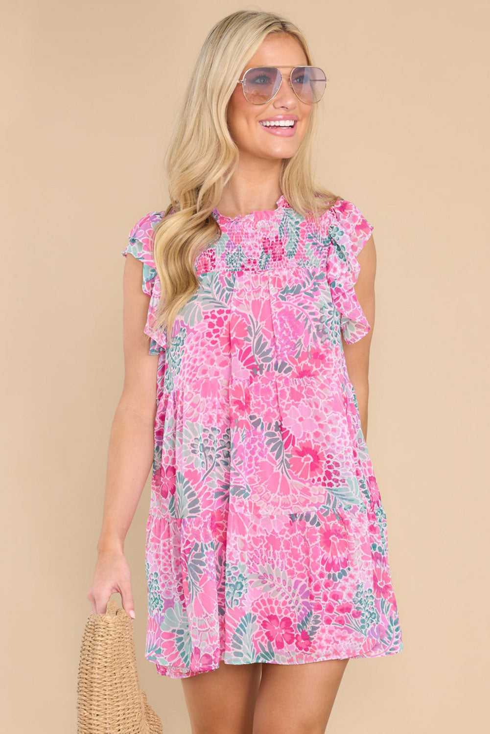 Pink Floral Ruffle Sleeve Smocked Round Neck Dress Dresses JT's Designer Fashion