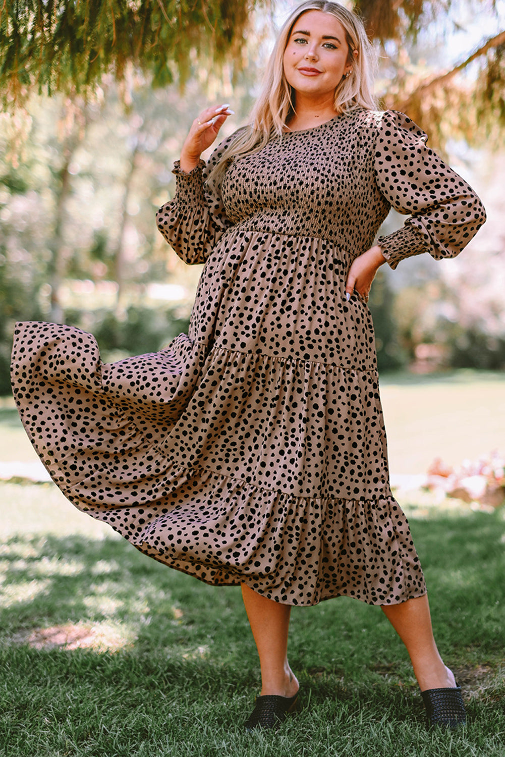 Pink Plus Size Leopard Print Smocked Tiered Dress Plus Size Dresses JT's Designer Fashion