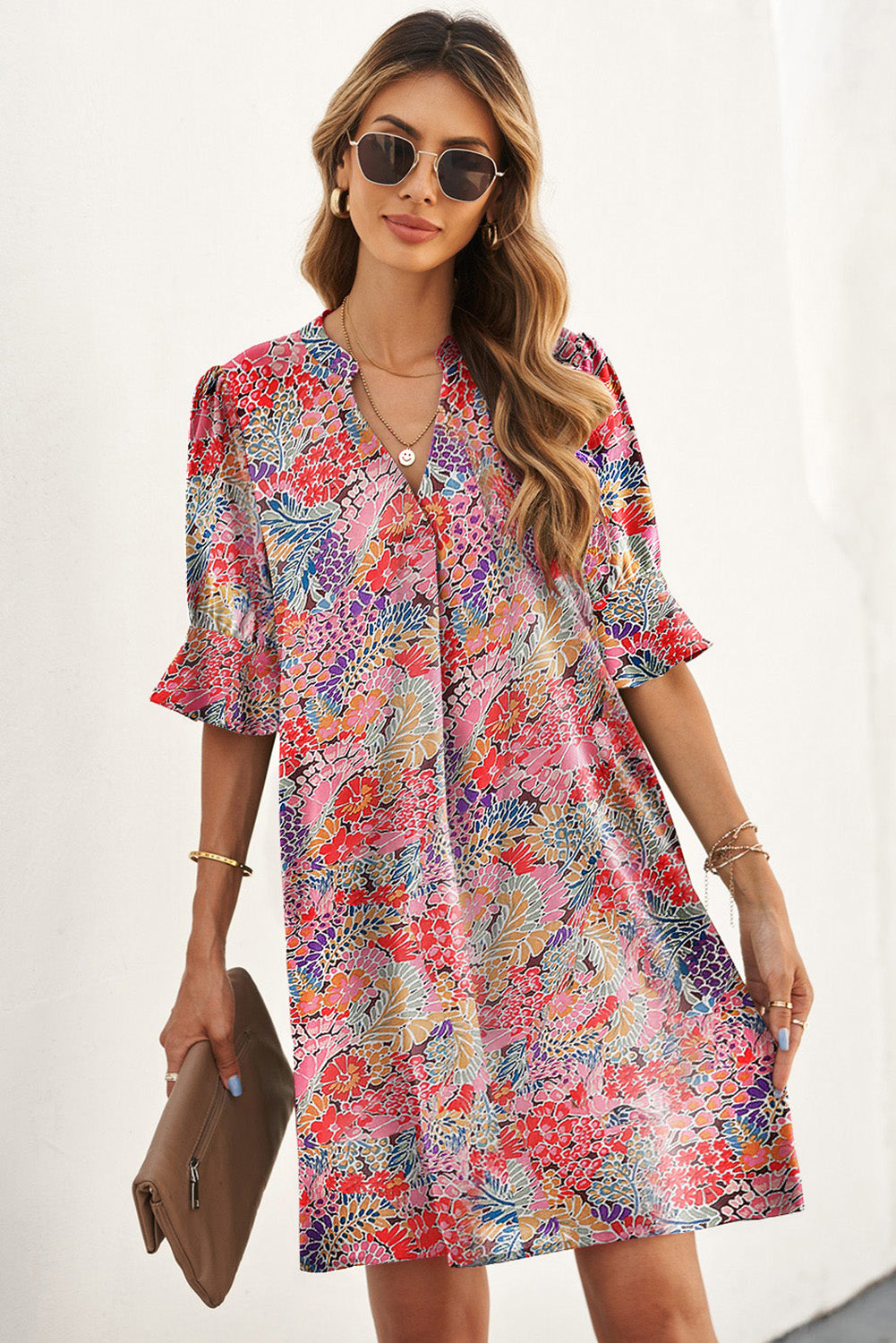 Multicolor Boho Floral Printed Flutter Sleeve Dress Floral Dresses JT's Designer Fashion