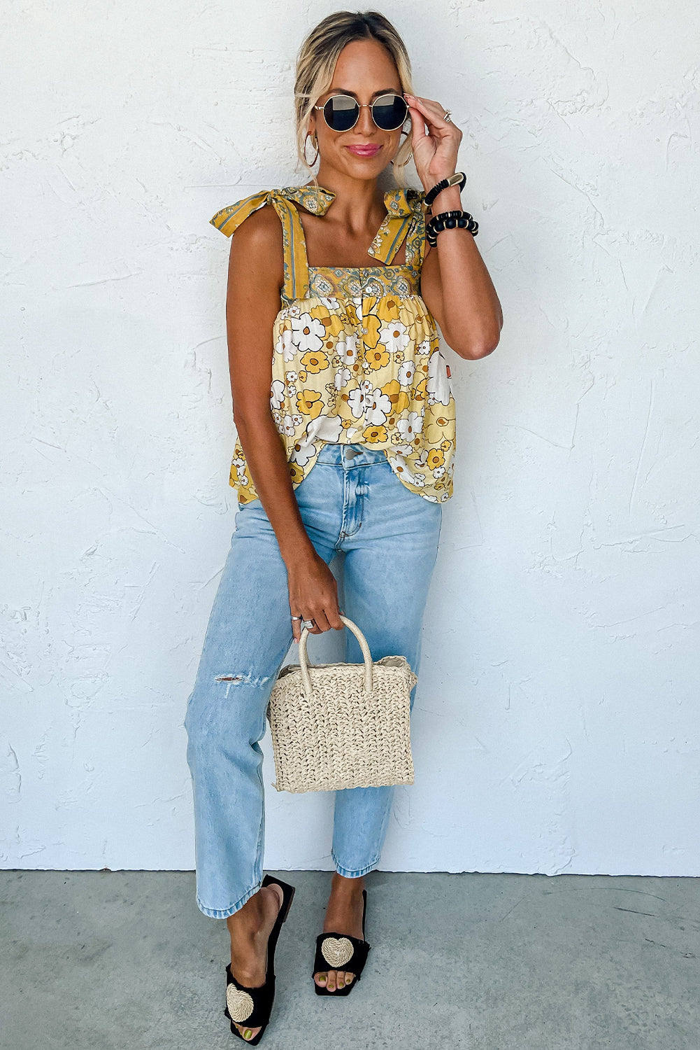 Yellow Floral Patch Tied Straps Buttoned Tank Top Tops & Tees JT's Designer Fashion