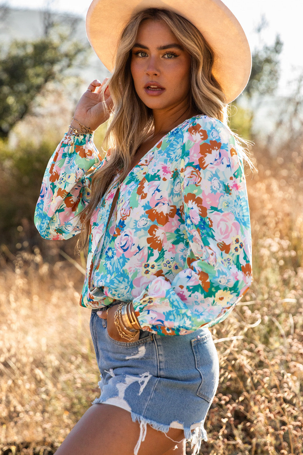 Sky Blue Floral Print Wrap Long Sleeve Bodysuit Bodysuits JT's Designer Fashion