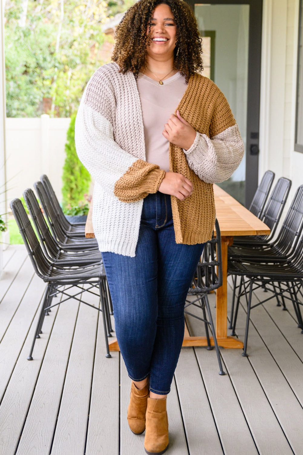 White Color Block Open Front Cable Knit Plus Size Cardigan Plus Size JT's Designer Fashion