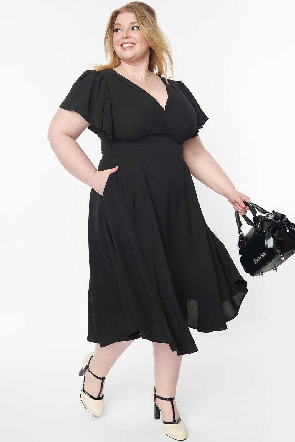 Black Plus Size Flutter Sleeve V Neck Midi Dress Plus Size Dresses JT's Designer Fashion