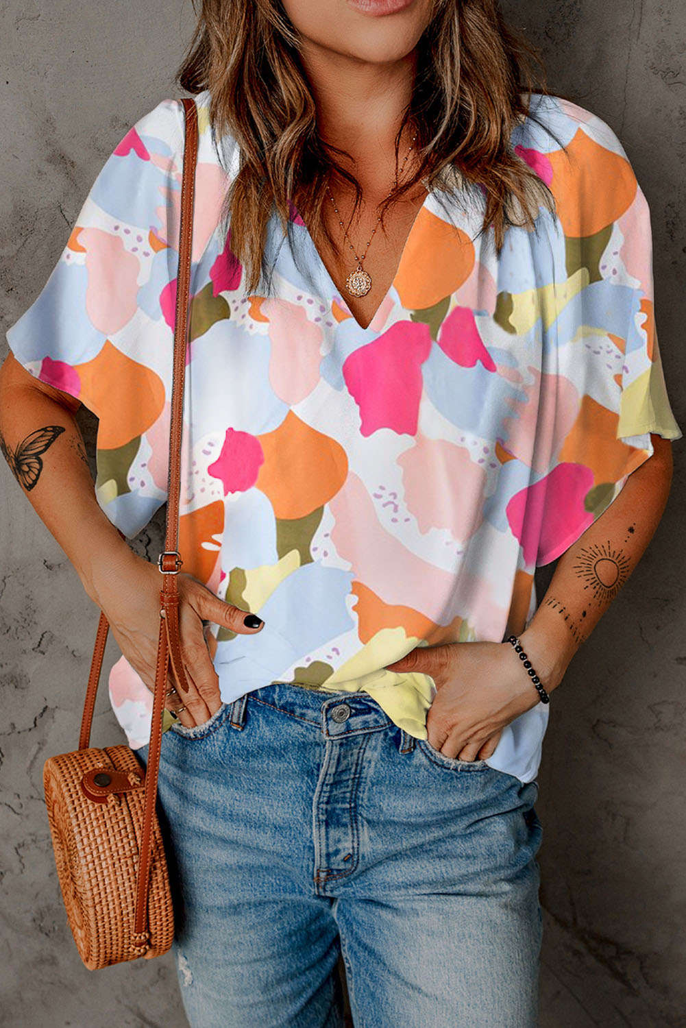 Multicolor Floral Print V Neck Half Sleeve Blouse Multicolor 100%Polyester Blouses & Shirts JT's Designer Fashion