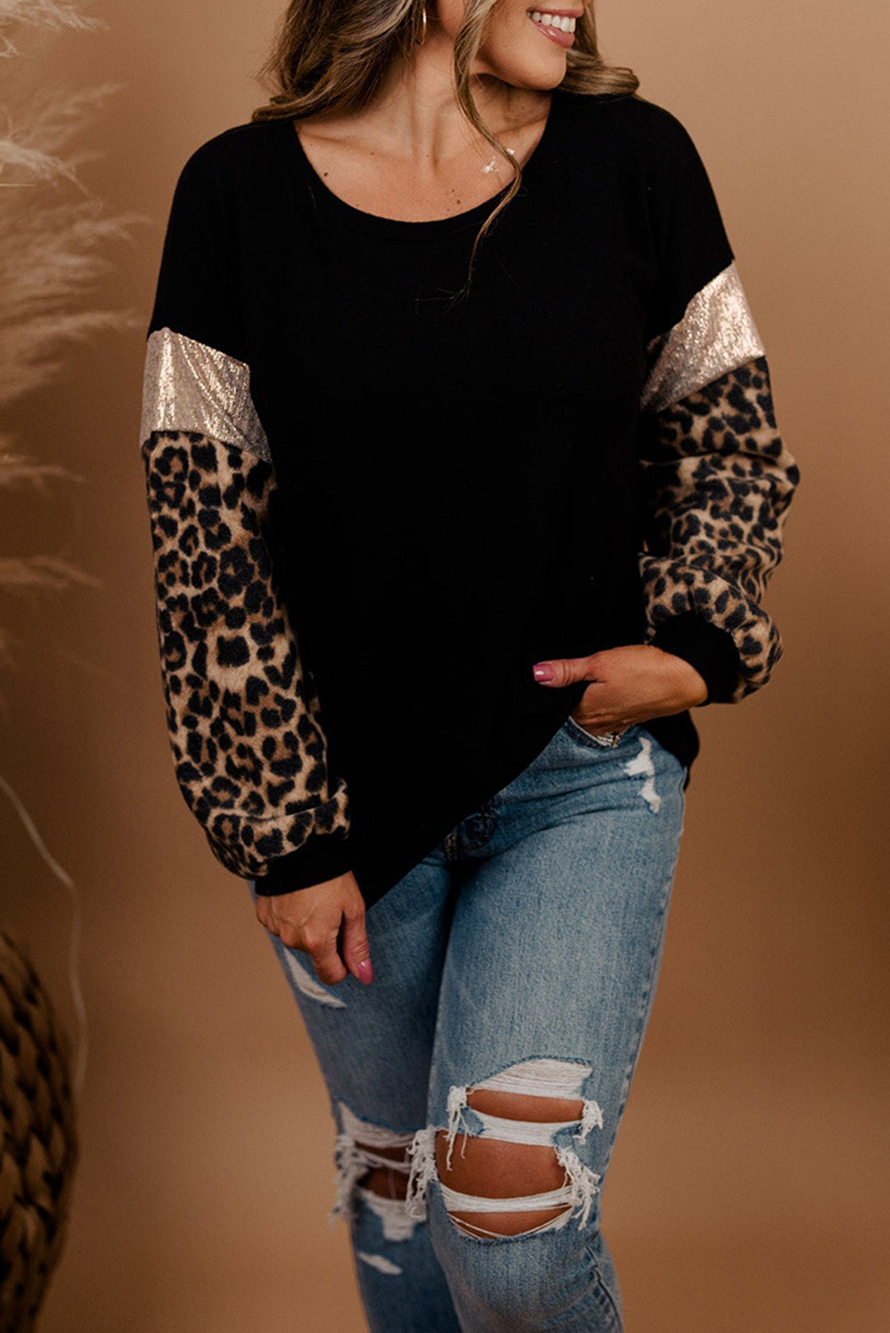 Black Plus Size Leopard Sequin Long Sleeve Top Plus Size JT's Designer Fashion