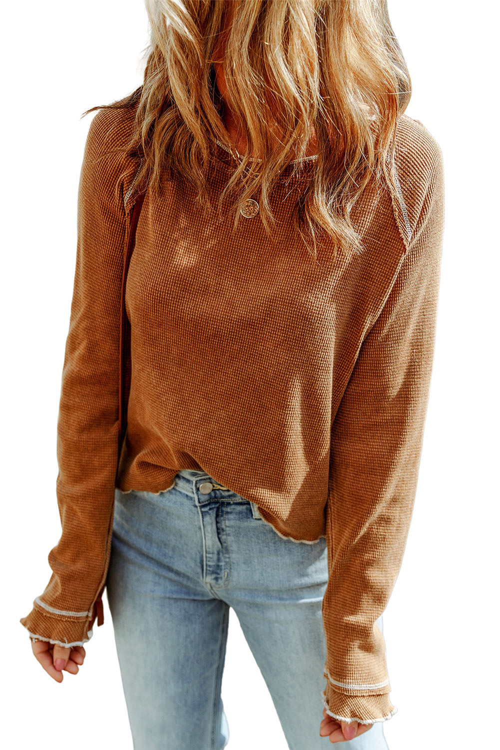 Brown Textured Crewneck Long Sleeve Top Tops & Tees JT's Designer Fashion