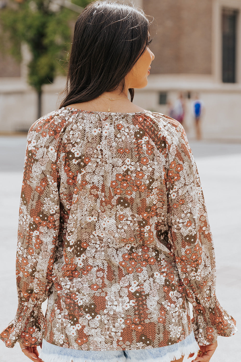 Khaki Floral Print Tie V Neck Button Up Blouse Blouses & Shirts JT's Designer Fashion