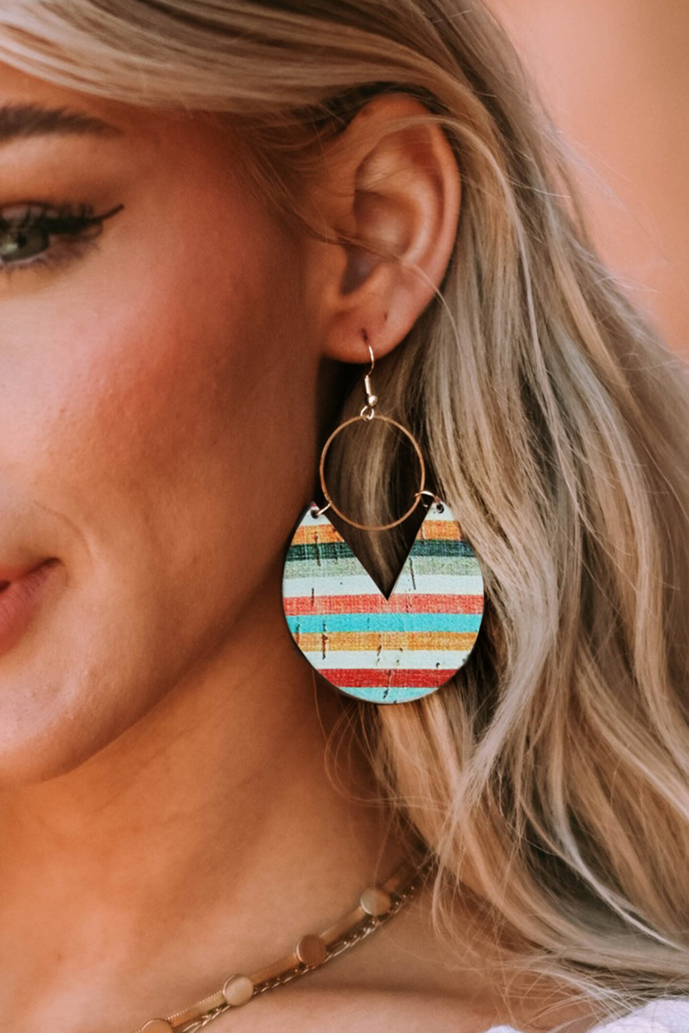 Multicolor Rainbow Stripe Pattern Notch Round Wooden Pendant Earrings Jewelry JT's Designer Fashion