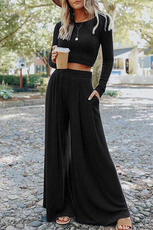 Black Solid Color Ribbed Crop Top Long Pants Set Bottoms JT's Designer Fashion