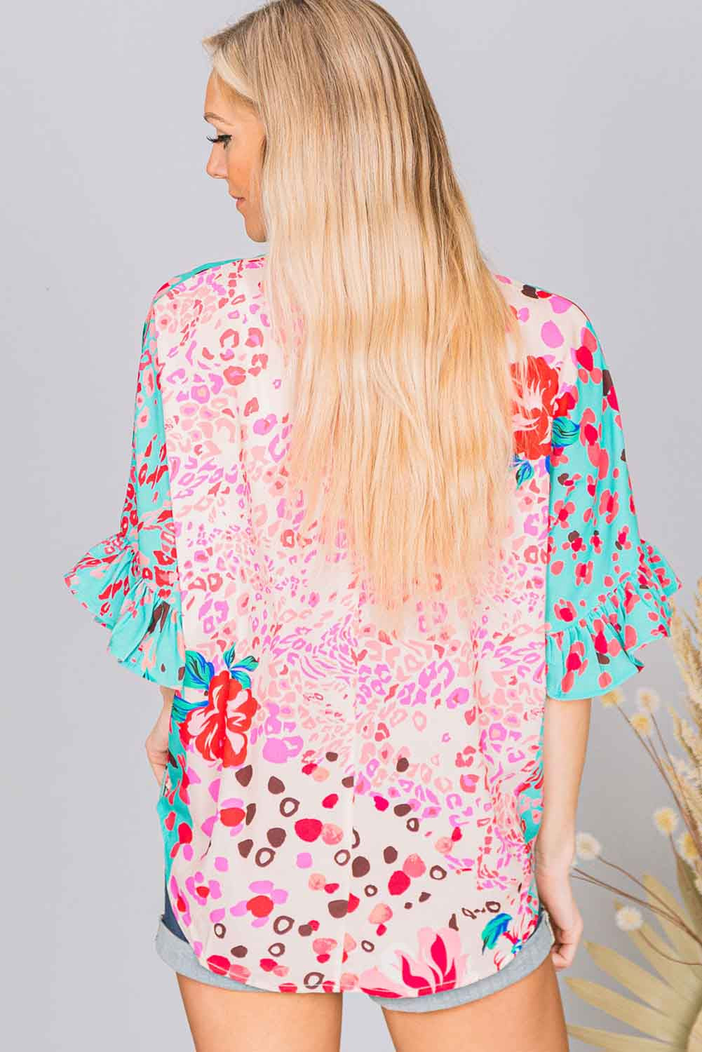 Multicolor Leopard Floral Mixed Print Ruffle Sleeve Surplice Blouse Tops & Tees JT's Designer Fashion