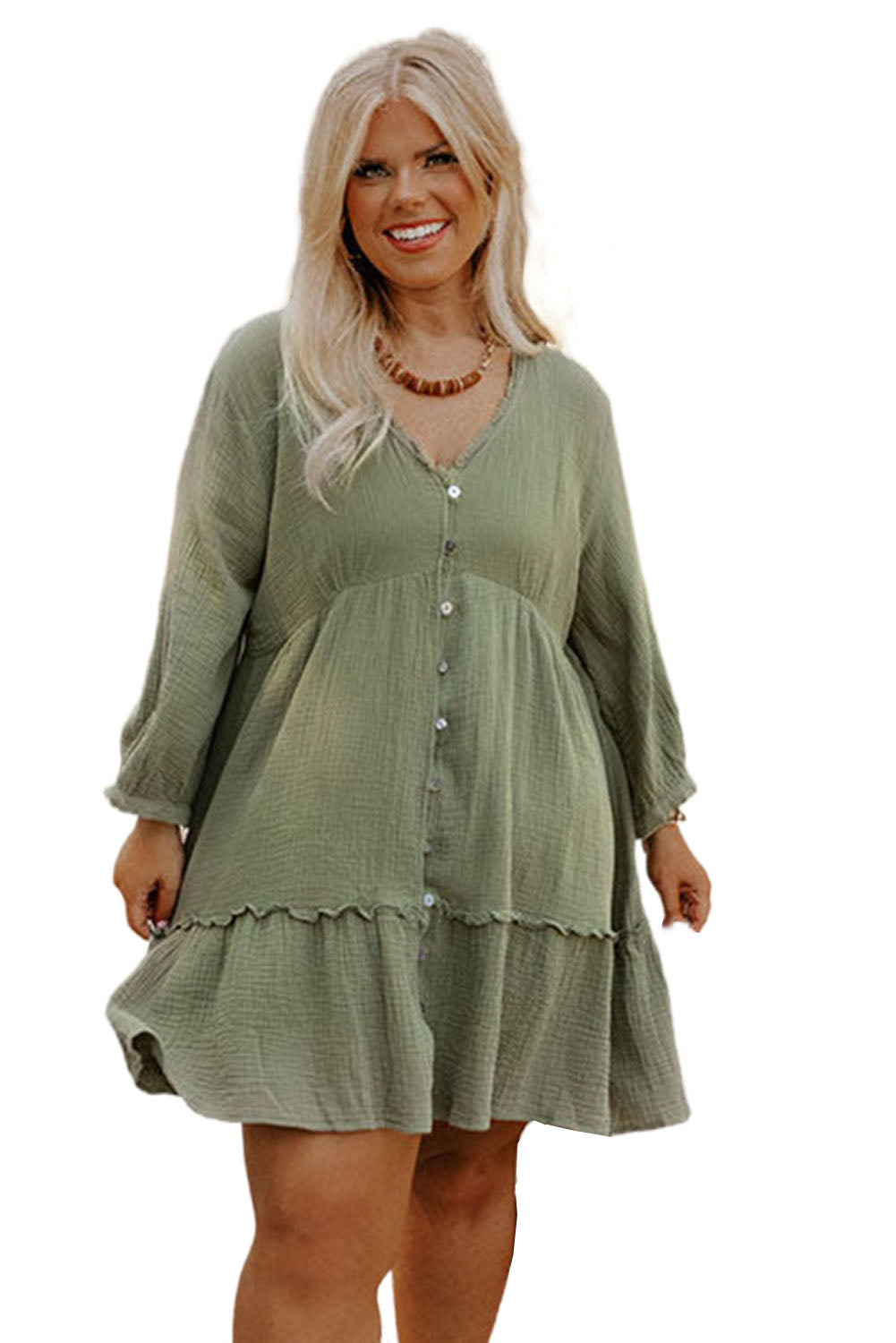 Green Textured Ruffled Buttoned V Neck Plus Size Mini Dress Plus Size JT's Designer Fashion