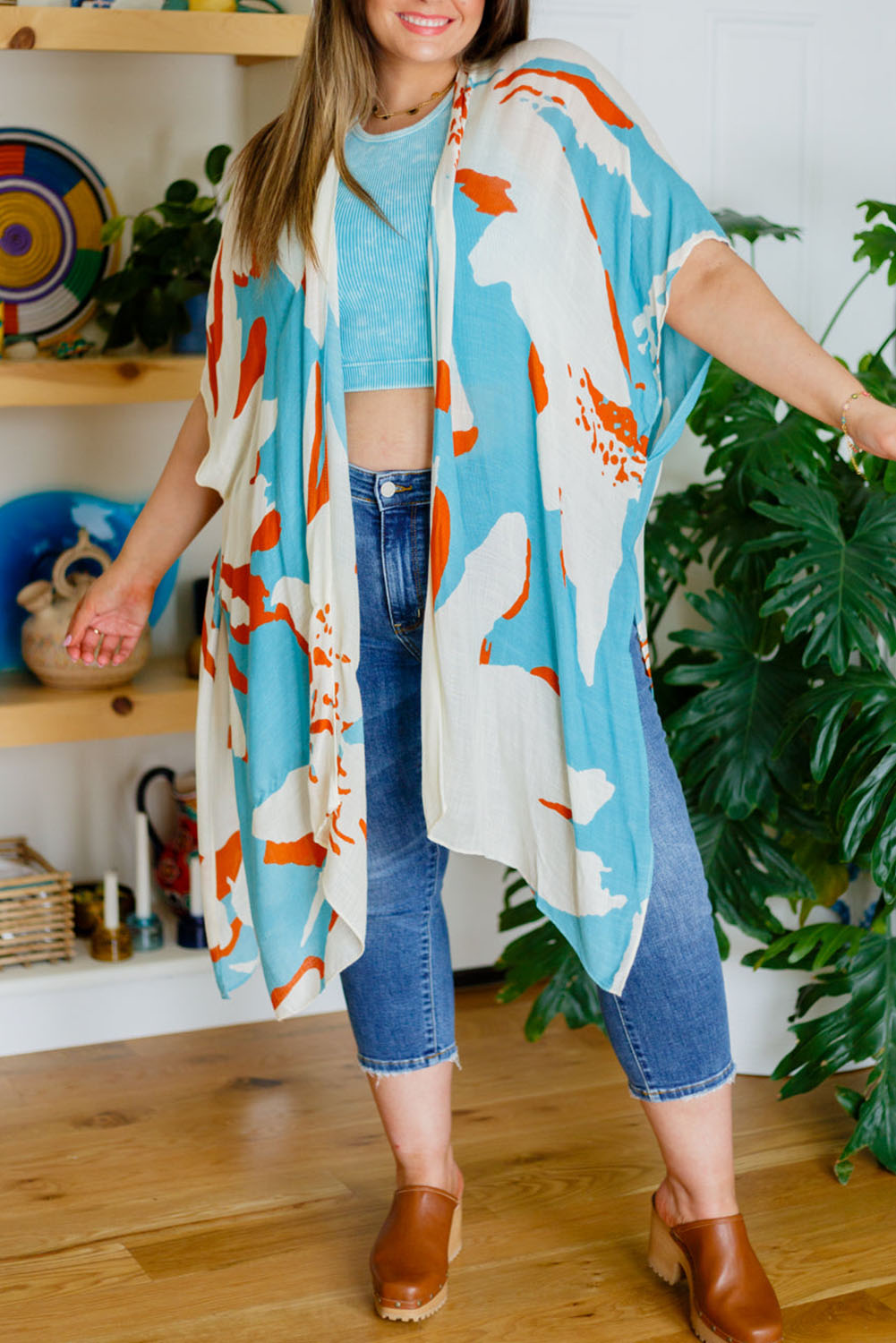 Sky Blue Plus Size Abstract Print Sweeping Kimono Plus Size Tops JT's Designer Fashion