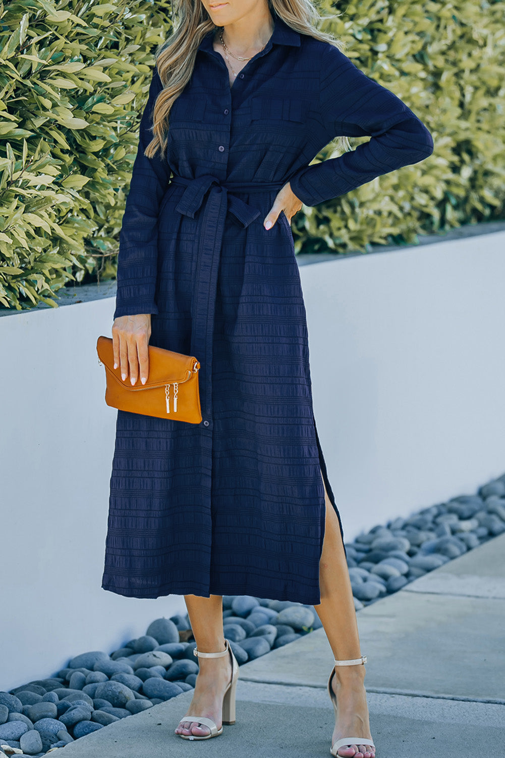 Blue Crinkle Textured Long Sleeve Shirt Dress with Belt T Shirt Dresses JT's Designer Fashion