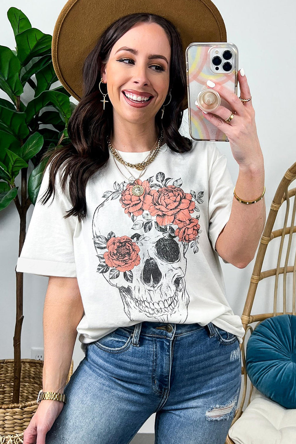 White Skull Flower Oversized Graphic Tee Graphic Tees JT's Designer Fashion