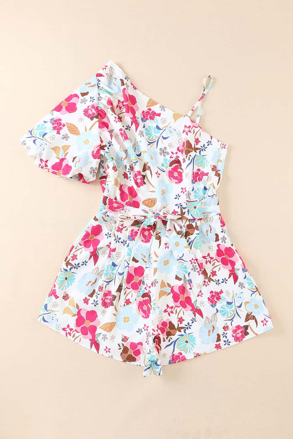 White Floral Single Bubble Sleeve Slant Shoulder Romper Jumpsuits & Rompers JT's Designer Fashion