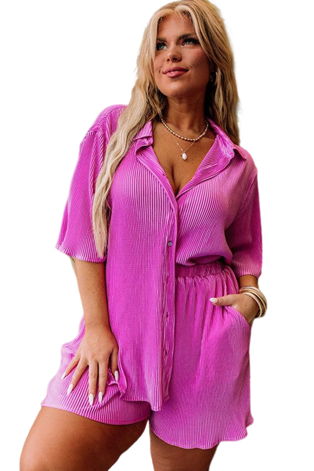 Rose Plus Size Pleated Texture Short Ruffle Pajama Set Plus Size JT's Designer Fashion