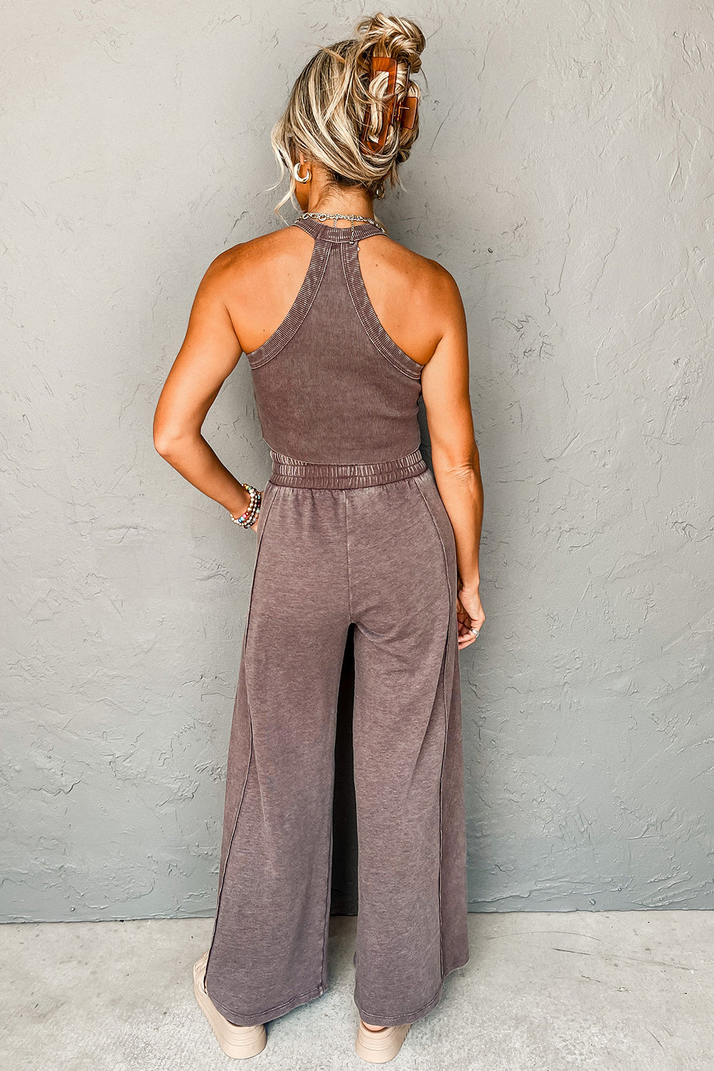 Simply Taupe Slim Cropped Tank Wide Leg Pants Set Bottoms JT's Designer Fashion