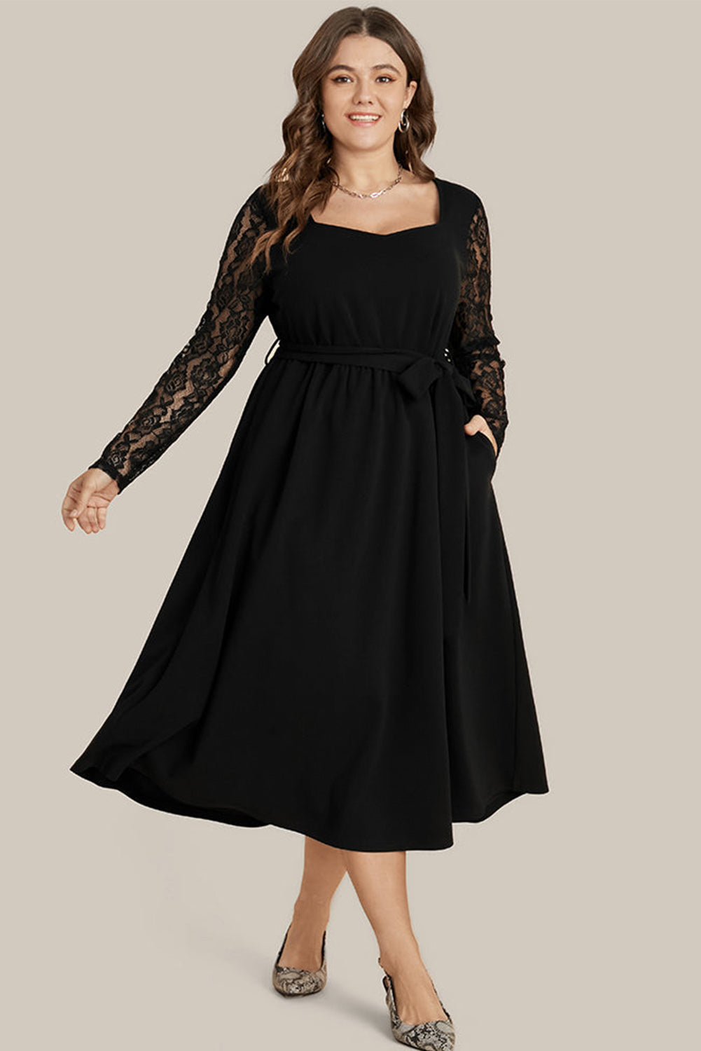 Black Plus Size Sheer Lace Sleeve Belted Ruffle Midi Dress Plus Size JT's Designer Fashion