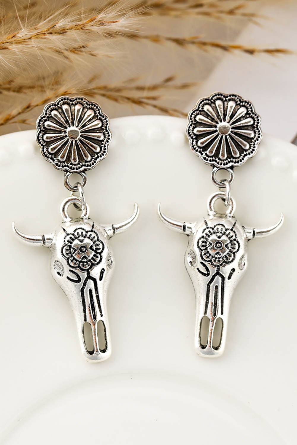 Silver Western Floral Steer Bull Earrings Jewelry JT's Designer Fashion