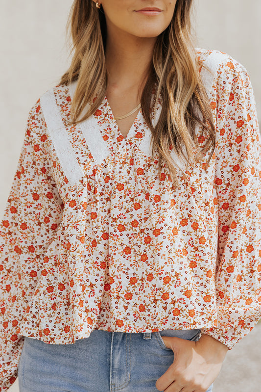 Red Floral Print Lace Contrast V Neck Blouse Blouses & Shirts JT's Designer Fashion