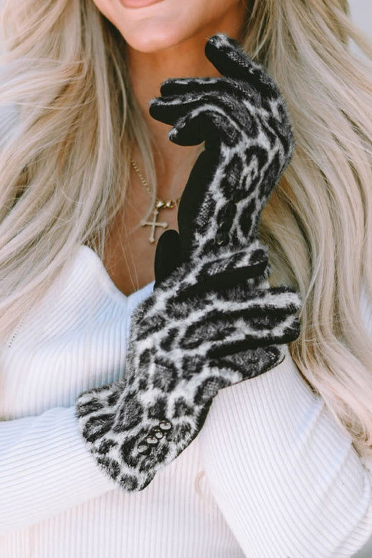 Black Studded Furry Leopard Gloves Other Accessories JT's Designer Fashion