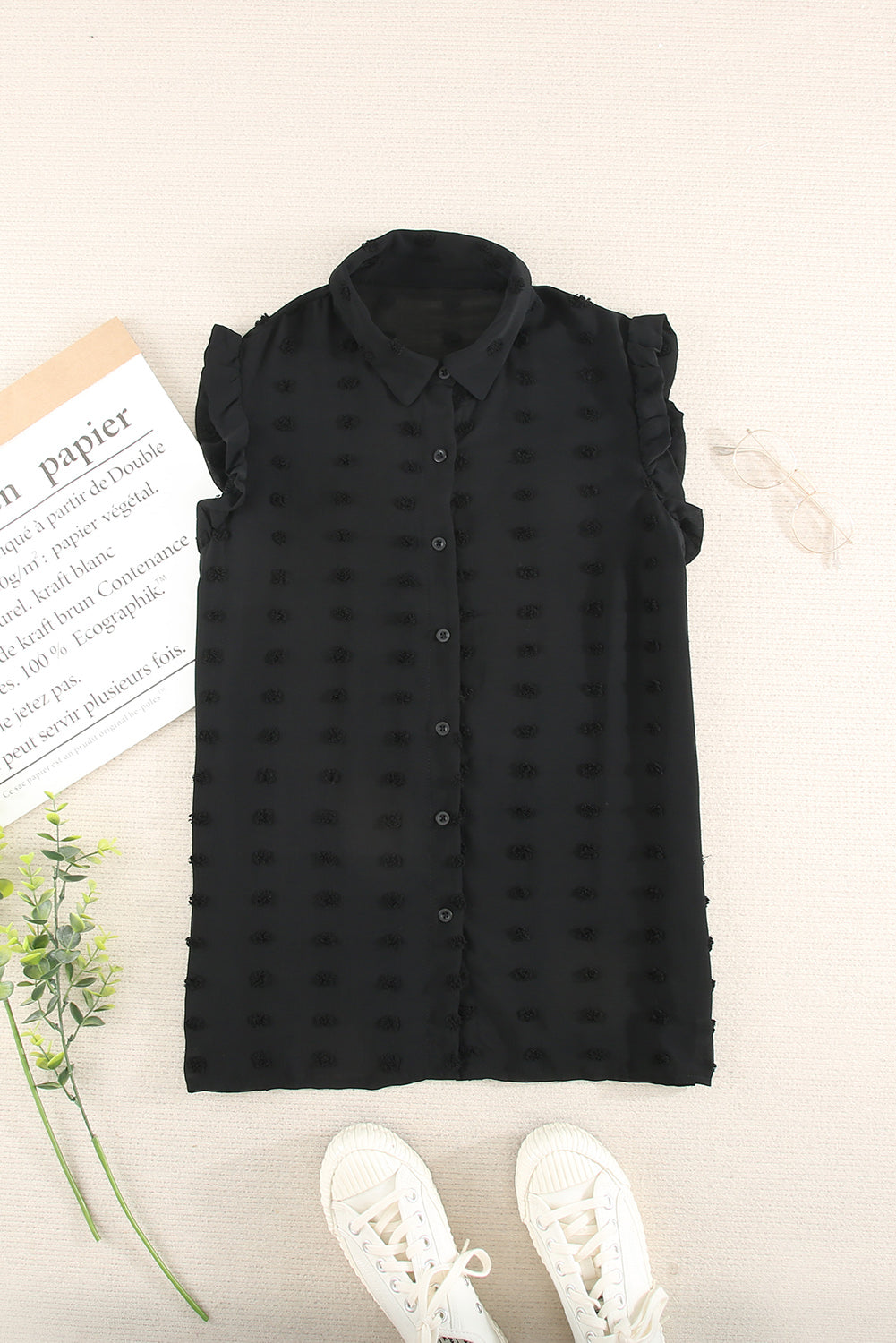 Black Turn-down Collar Ruffle Polka Dot Tank Tank Tops JT's Designer Fashion