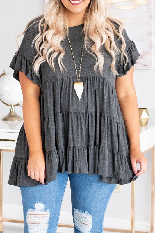 Gray Tiered Ruffled Short Sleeve Plus Size Blouse Plus Size Tops JT's Designer Fashion