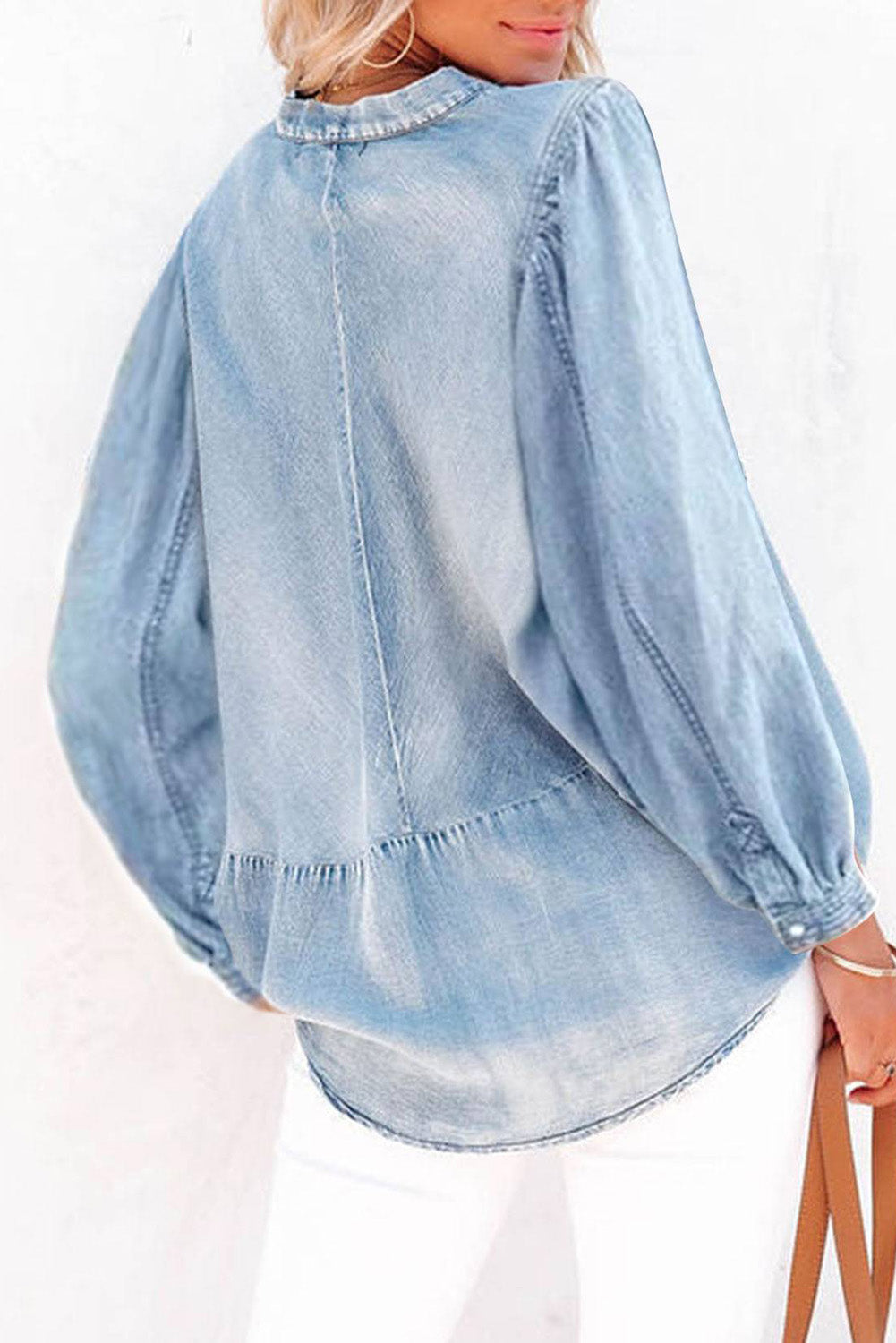 Light Blue Plus Split Neck Ruched Puff Sleeve Denim Blouse Plus Size JT's Designer Fashion