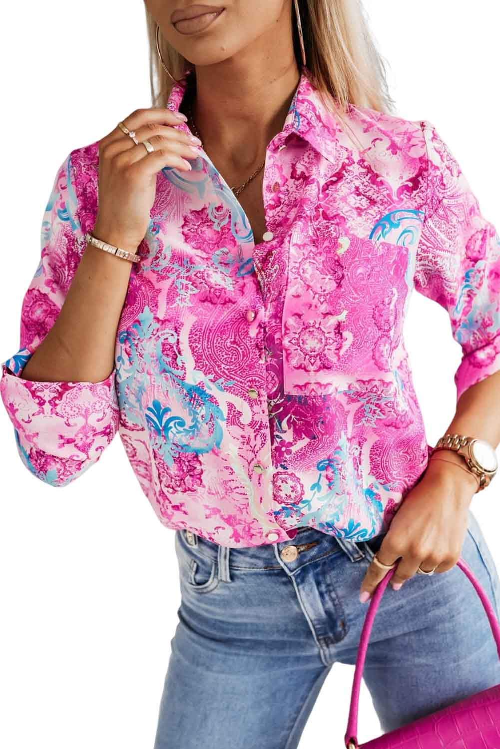 Rose Floral Chest Pocket Long Sleeve Button Up Shirt Tops & Tees JT's Designer Fashion