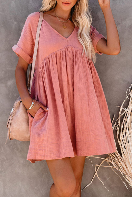 Pink Roll Up Short Sleeve V Neck Babydoll Mini Dress Mini Dresses JT's Designer Fashion