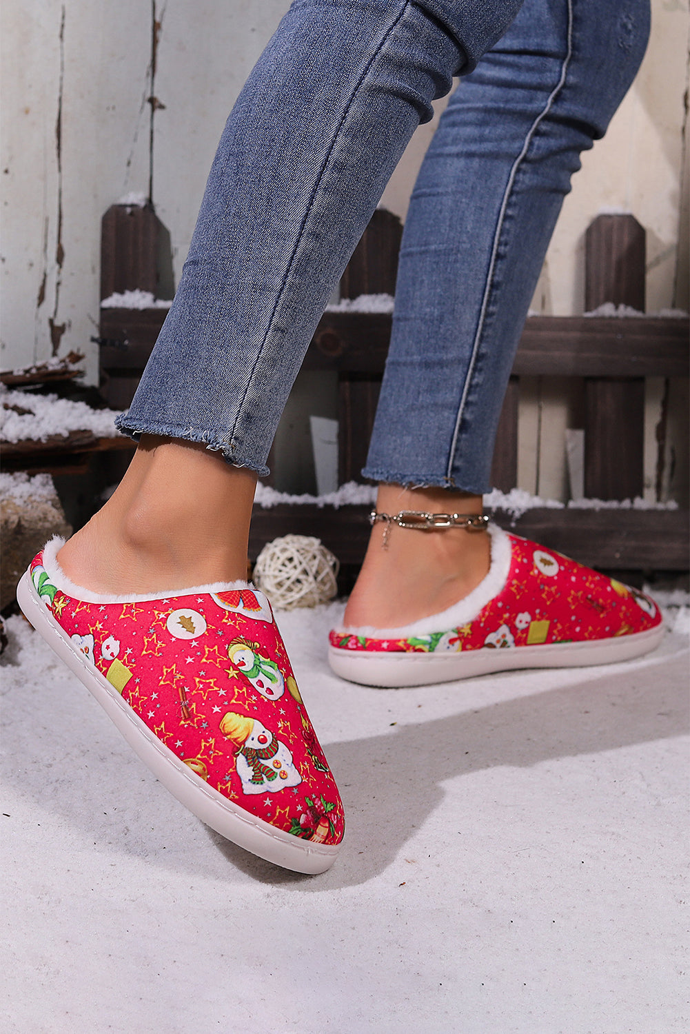 Fiery Red Christmas Cartoon Snowman Print Fuzzy Winter Slippers Slippers JT's Designer Fashion