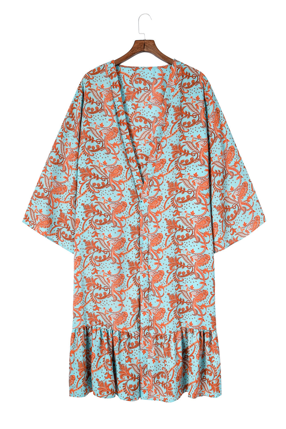 Sky Blue Boho Retro Floral Print Long Sleeve Oversized Kimono Kimonos JT's Designer Fashion