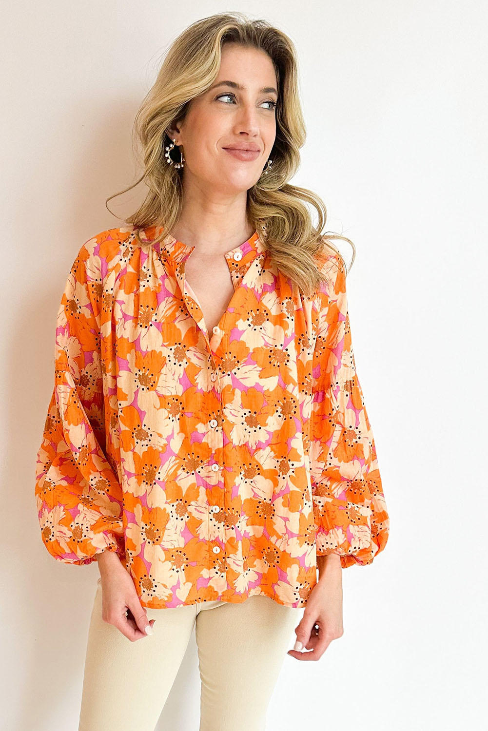 Orange Floral Print Loose Sleeve Shirt Tops & Tees JT's Designer Fashion