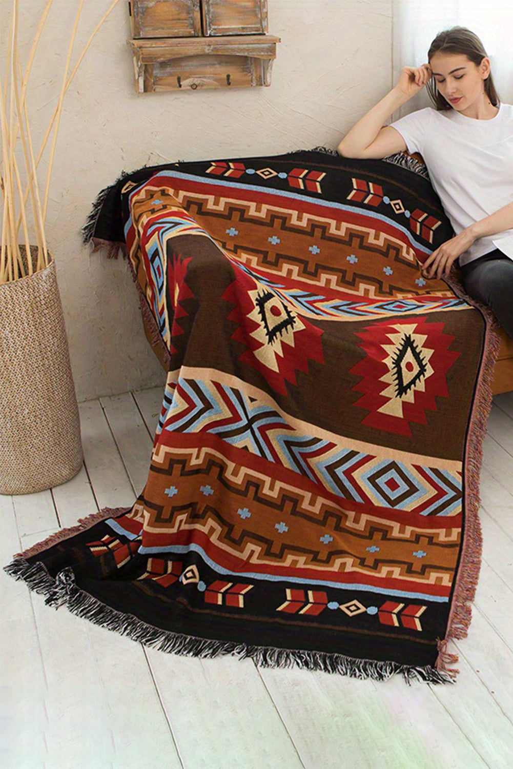 Ruby Western Aztec Print Raw Hem Large Blanket 130*180cm Other Accessories JT's Designer Fashion