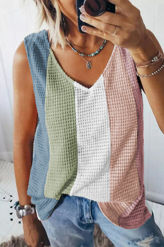 Color Block V-Neck Waffle Knit Tank Top 95%Polyester+5%Elastane Tank Tops JT's Designer Fashion