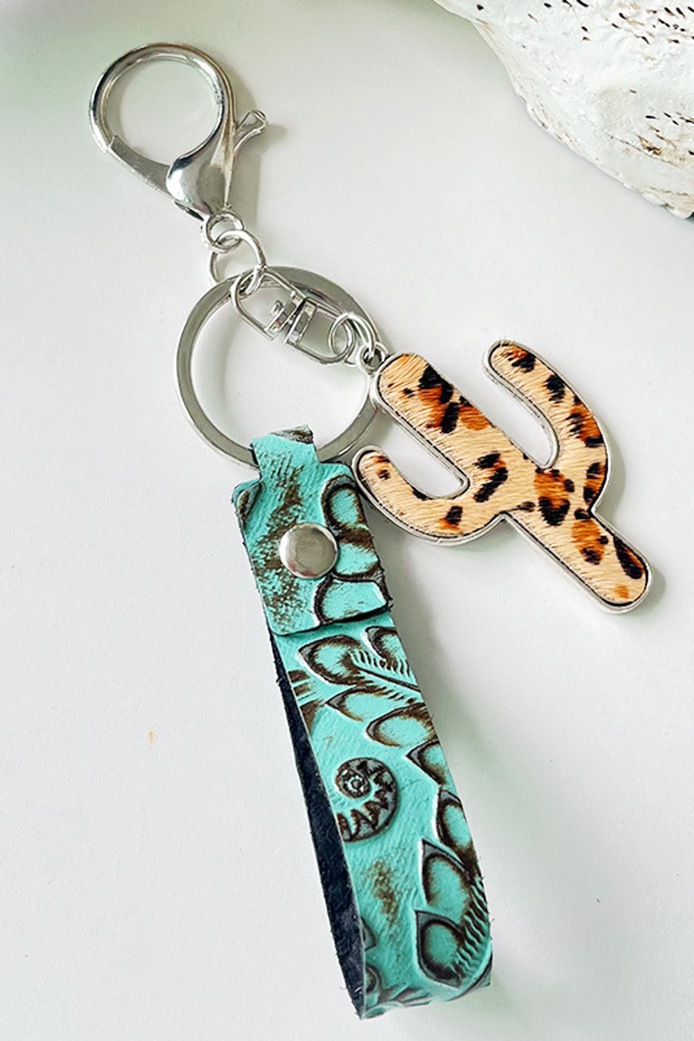 Mint Green PU Embossed Leopard Cactus Keychain Other Accessories JT's Designer Fashion