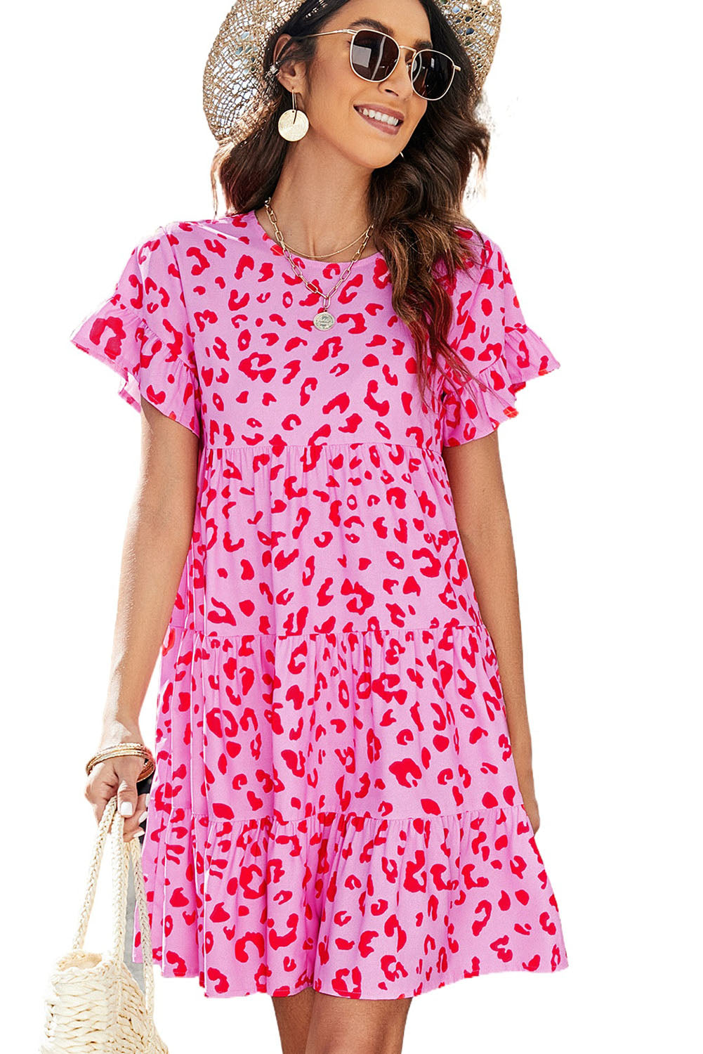 Pink Leopard Print Ruffle Short Sleeve Tiered Dress Mini Dresses JT's Designer Fashion