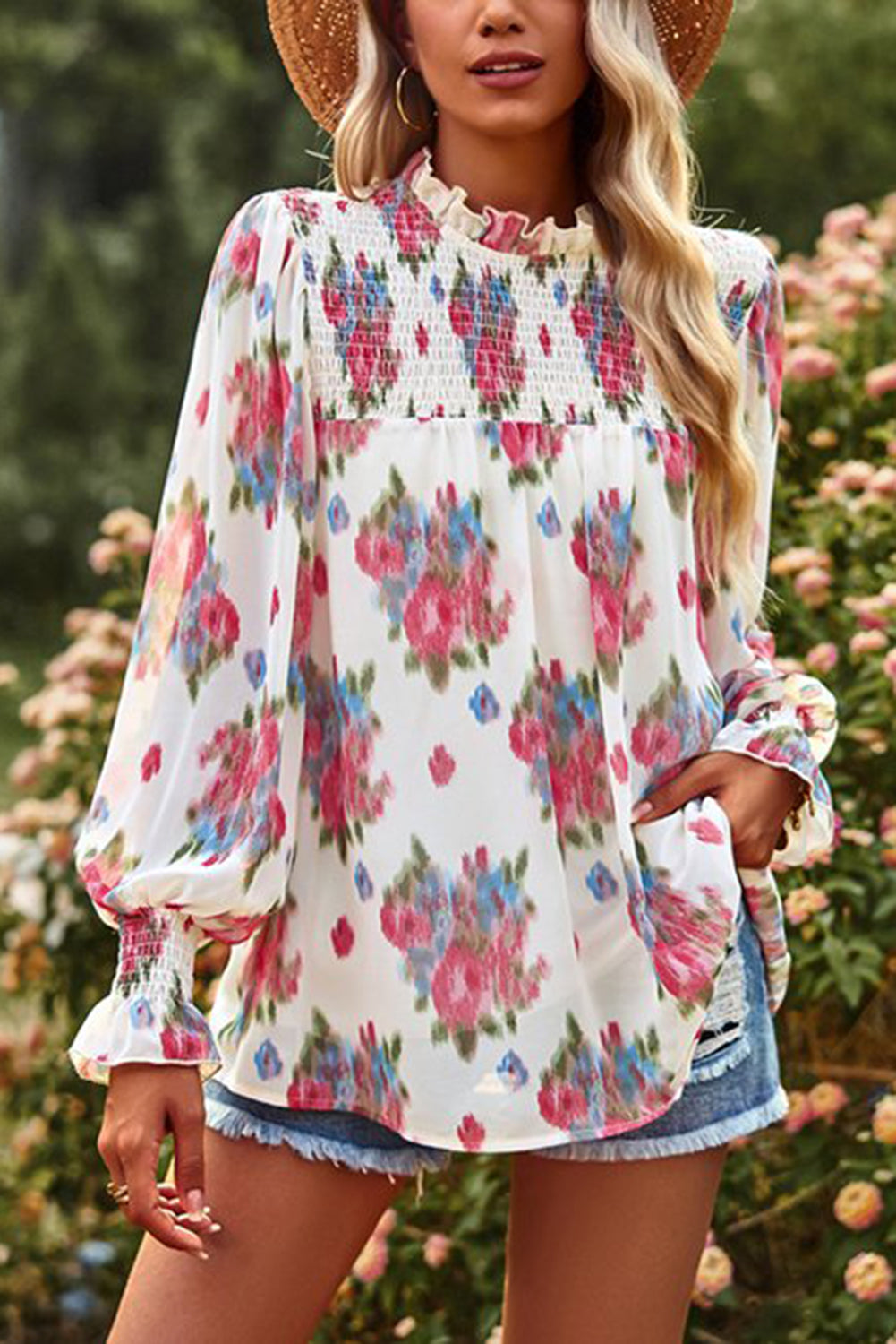 Sky Blue Floral Smocked Long Sleeve Frill High Neck Blouse Tops & Tees JT's Designer Fashion