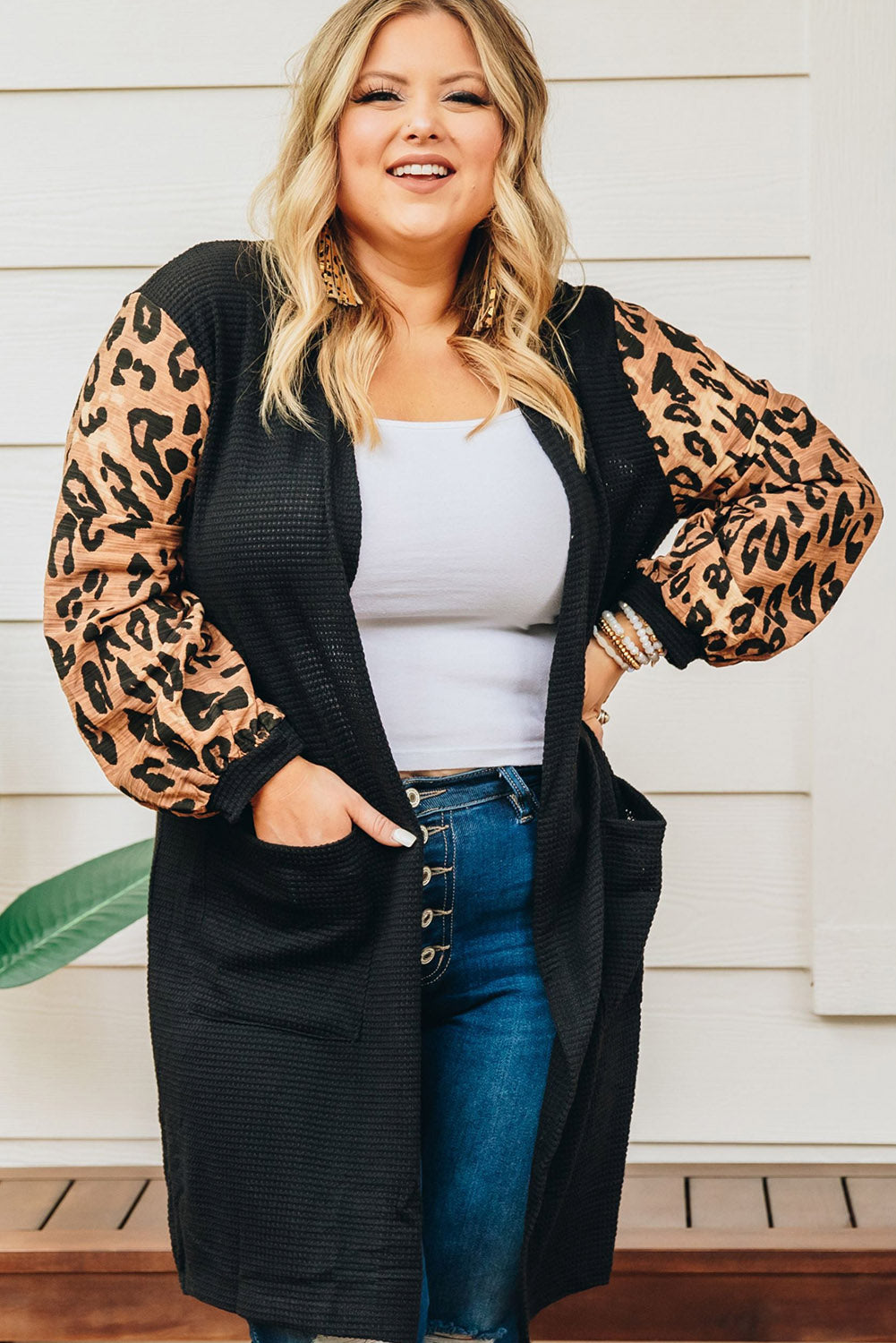 Black Plus Size Contrast Leopard Sleeve Cardigan Plus Size JT's Designer Fashion