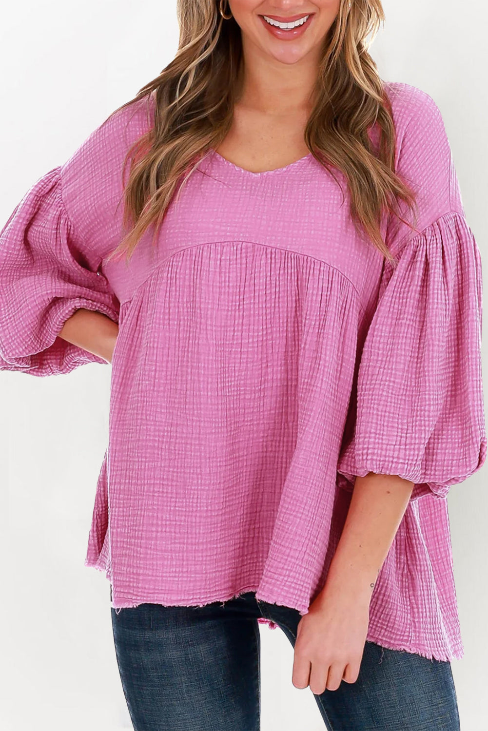 Pink Crinkle Bubble Sleeve Raw Hem Babydoll Blouse Pink 100%Cotton Blouses & Shirts JT's Designer Fashion