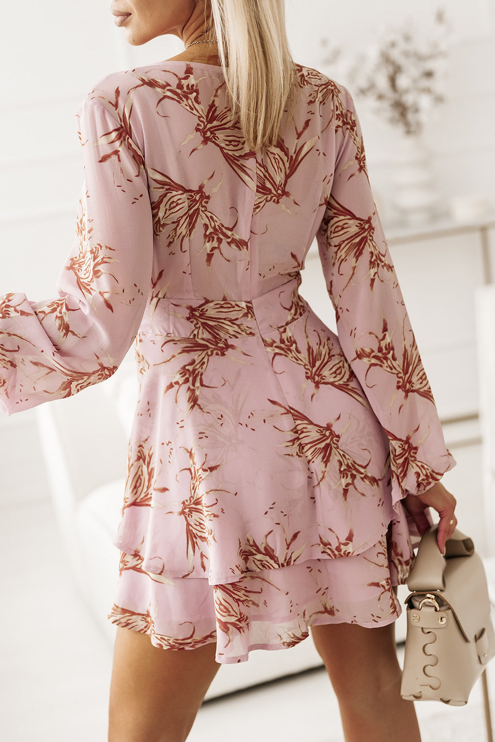 Pink V Neck Baggy Sleeve Waist Tie Double Layer Ruffle Hem Floral Print Short Dress Dresses JT's Designer Fashion