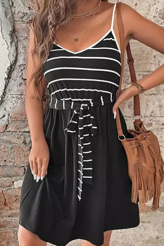 Black Spaghetti Straps Striped Cami Dress with Sash Mini Dresses JT's Designer Fashion