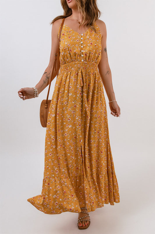 Yellow Floral Print Buttoned Drawstring Sleeveless Maxi Dress Yellow 100%Viscose Maxi Dresses JT's Designer Fashion