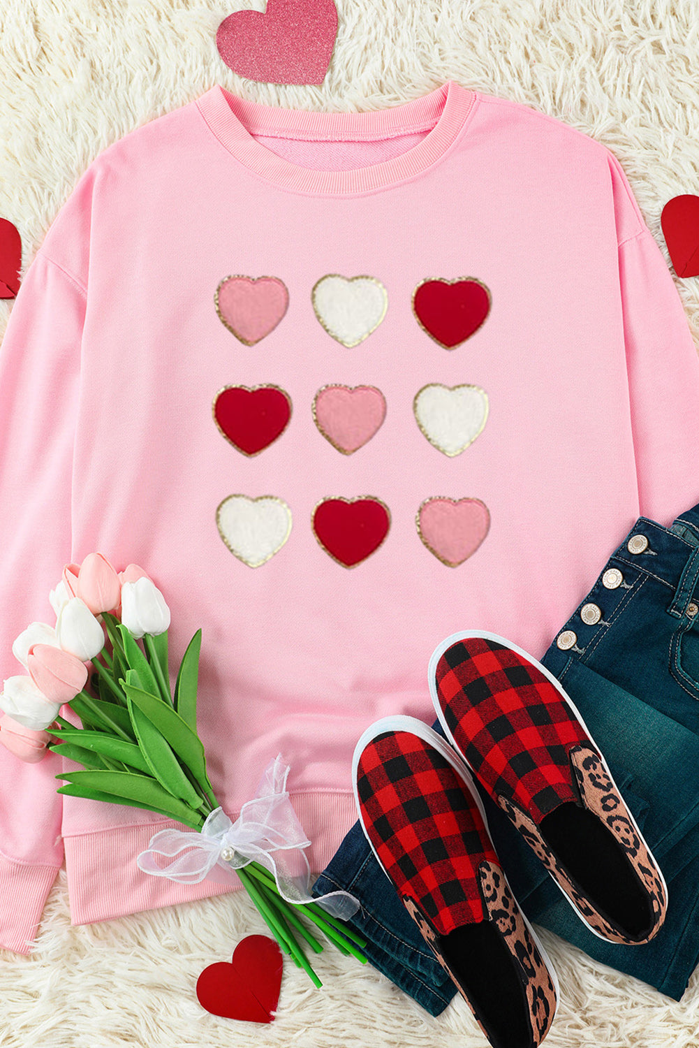 Pink Glitter Chenille Heart Patch Valentines Sweatshirt Graphic Sweatshirts JT's Designer Fashion